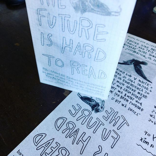 photo of folded zine standing on an unfolded zine. Black handwriting, type, and bird art on white vellu