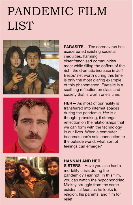 screenshot of zine cover: film stills and reviews on pink background