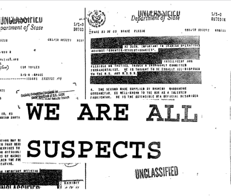 zine cover: collage with the title "WE ARE ALL SUSPECTS"