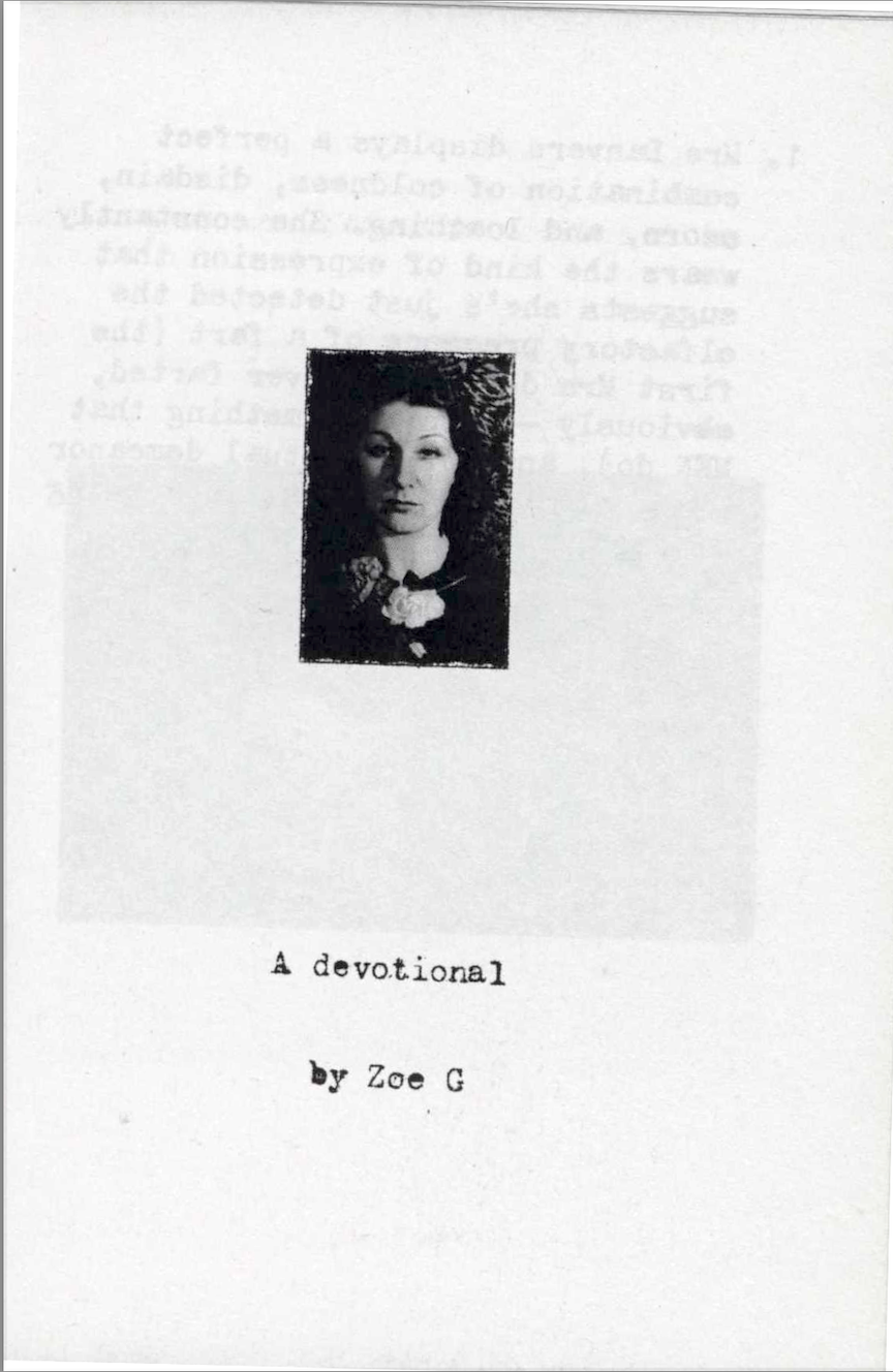 zine inside cover: small photo of Mrs. Danvers, typed beneath "A Devotional / by Zoe G"