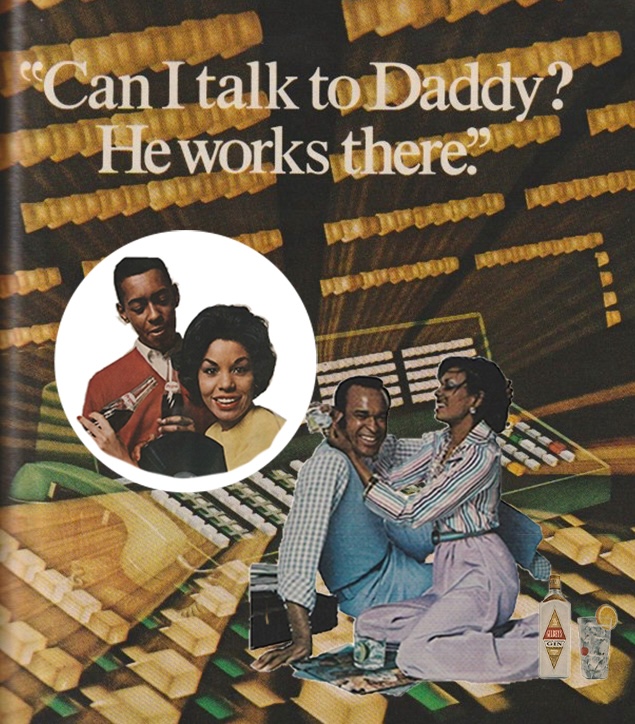 a collage of a reimagined 1970s telephone advertisement depicting a man at work flirting with a woman and an inset of his family on the other end of the telephone line with text: "Can I talk to Daddy? He works there."