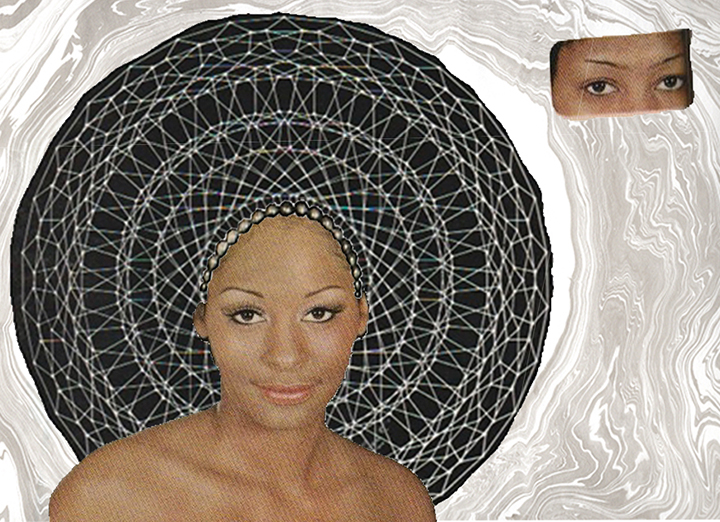 A woman with makeup and an afro made out of spiral fractals accompanied with an inset of her eyes from before the makeover.