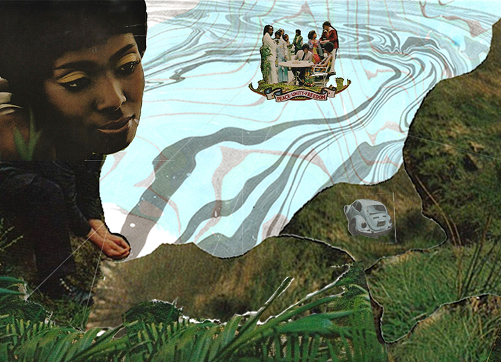 A collage of a woman sitting on a ledge overlooking a piece of land that has set sail in the water with people on it and the words “Peace, Unity, and Freedom” on it. A car sits at the bottom of the ledge facing the water. 