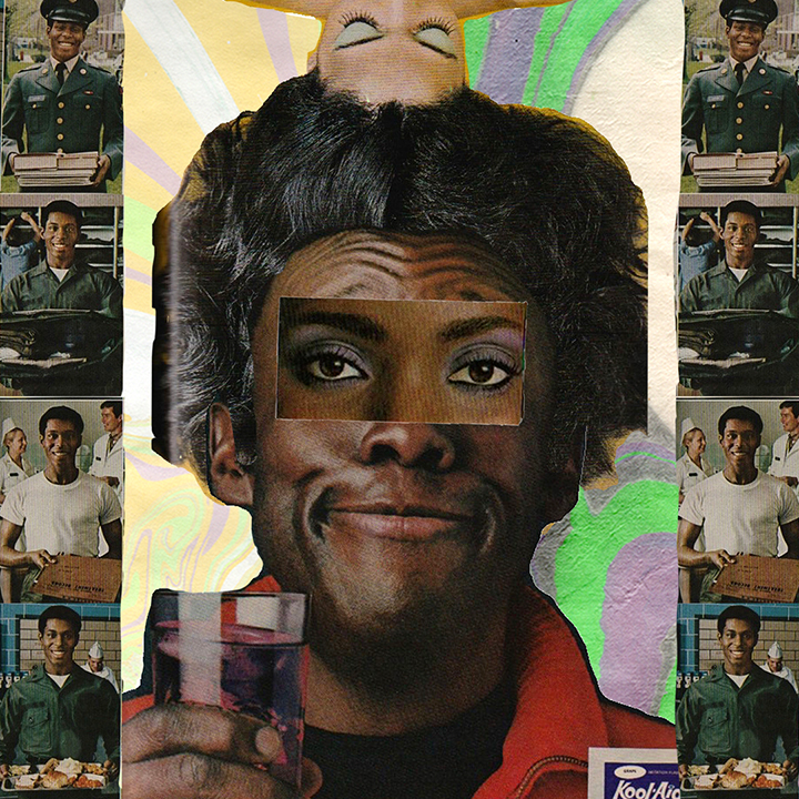 A person holding a glass and smiling has eyes from a beauty commercial overlaid on their face, with their hair being the hair or a person laying upside down. Boarding the left and right sides of the person are four depictions of men with different jobs.