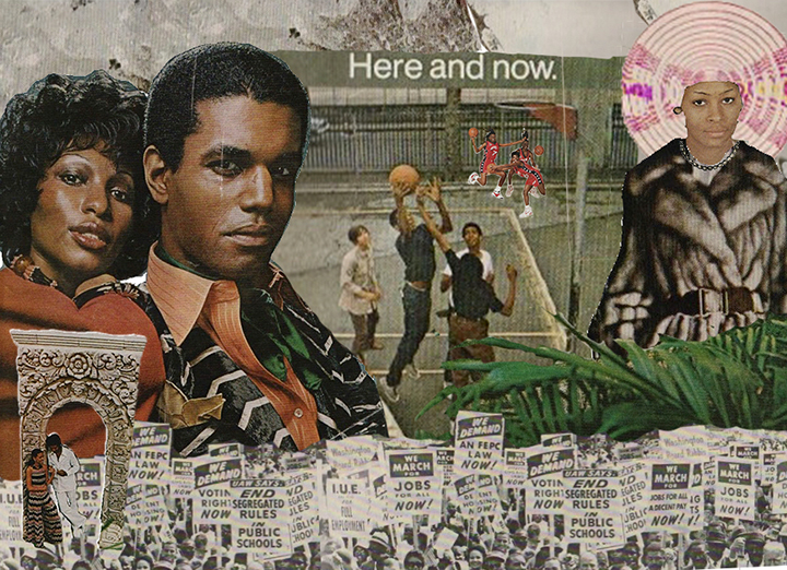 A collage with picket signs from protests from throughout the 1970s at the bottom. On top of that is a man and a woman overlooking a basketball court with men and women on it and a person in a fur coat and a pink afro standing in some grass.