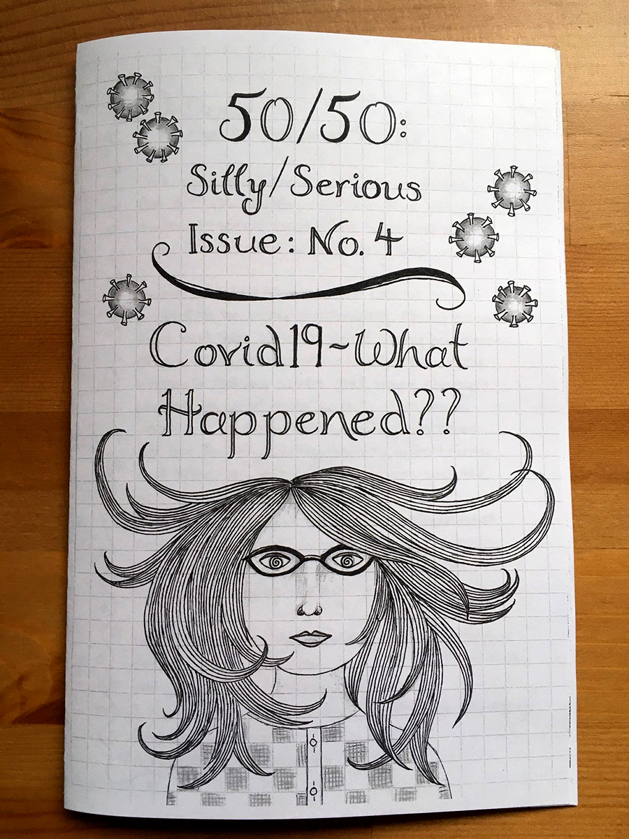 zine cover: drawing of person with hair blowing around