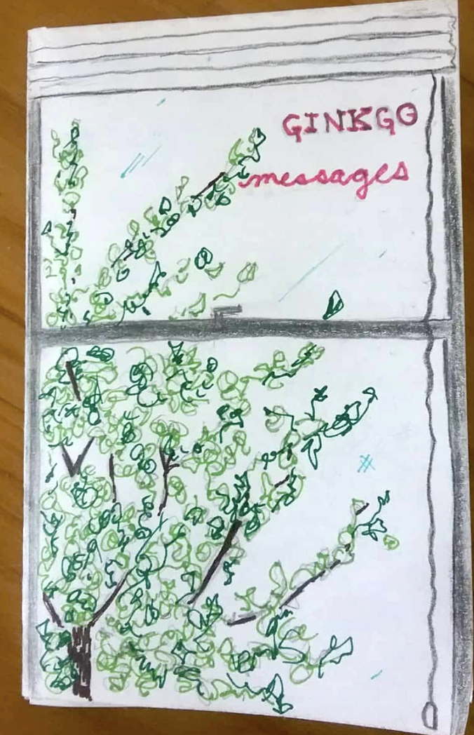 zine photo: handwritten title in gingko tree branch