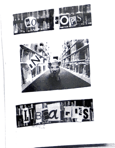 title in ransom letters. photos of library stacks, pig. 